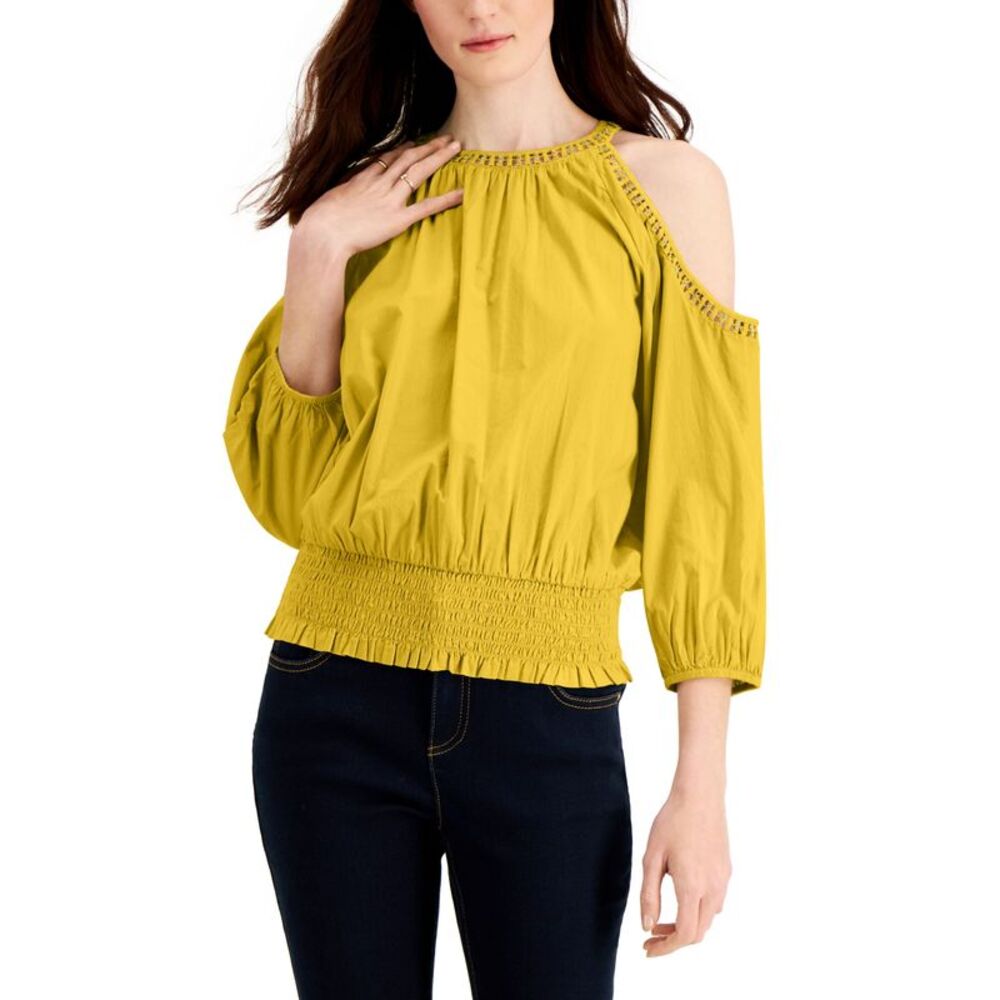 INC International Concepts Crochet Cold Shoulder Smocked Hem Top